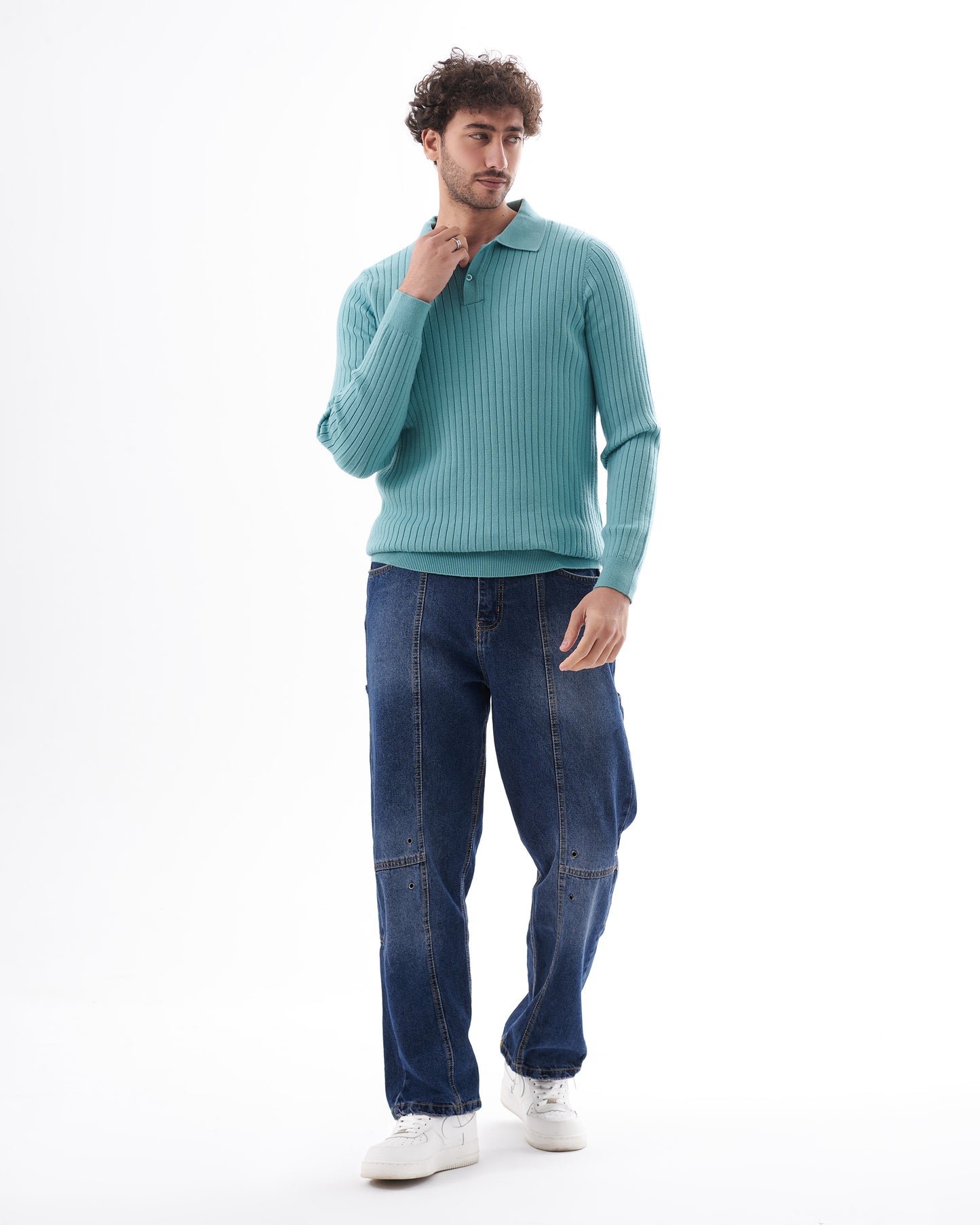 TURQUOISE TRICOT COLLAR BASIC PULLOVER