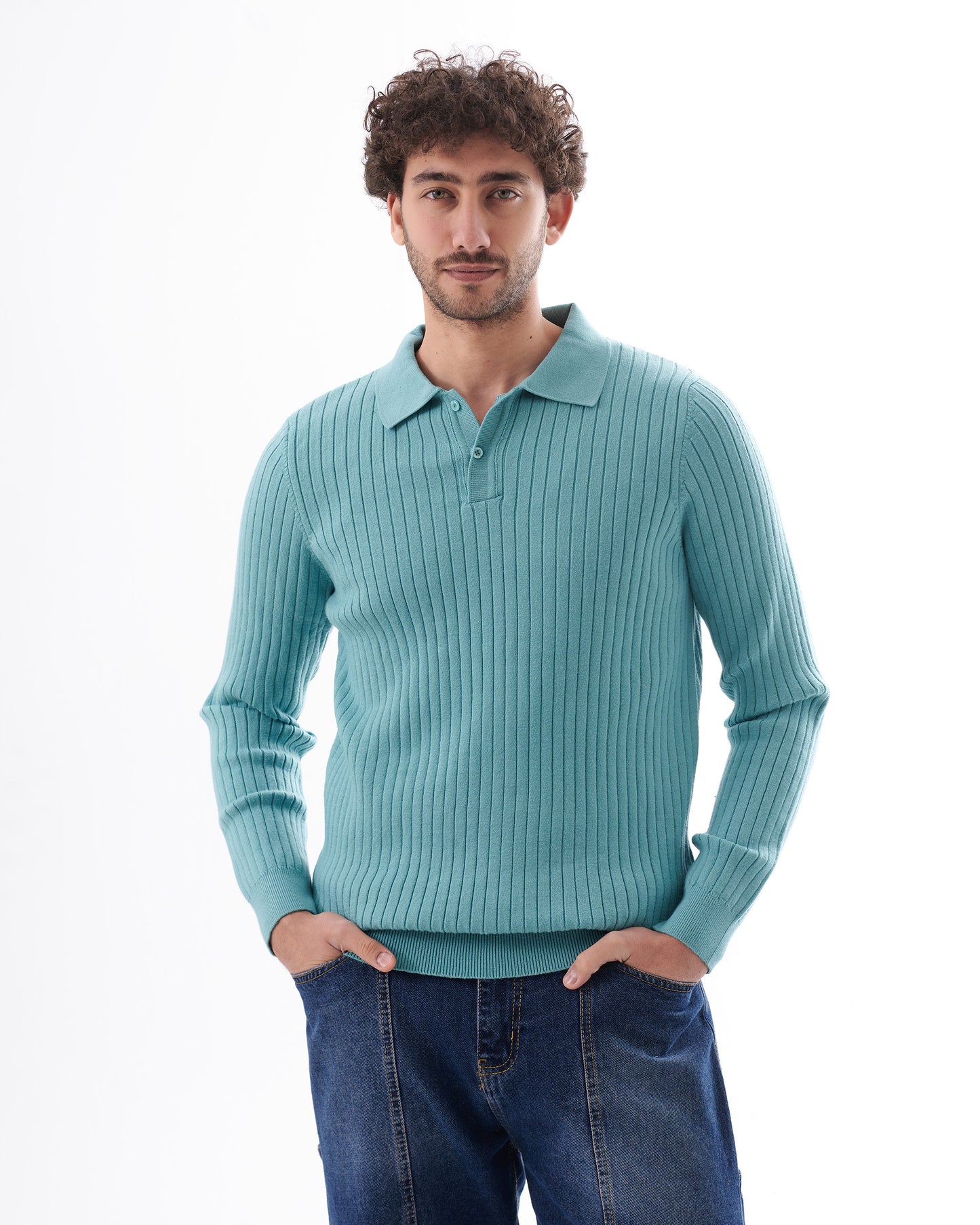 TURQUOISE TRICOT COLLAR BASIC PULLOVER