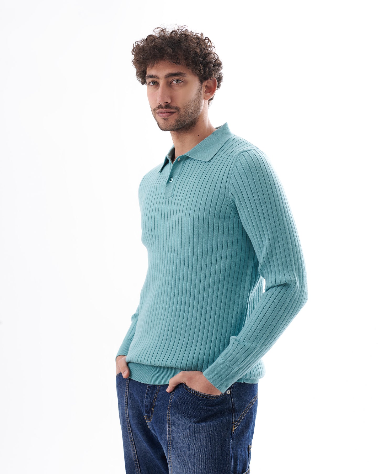 TURQUOISE TRICOT COLLAR BASIC PULLOVER