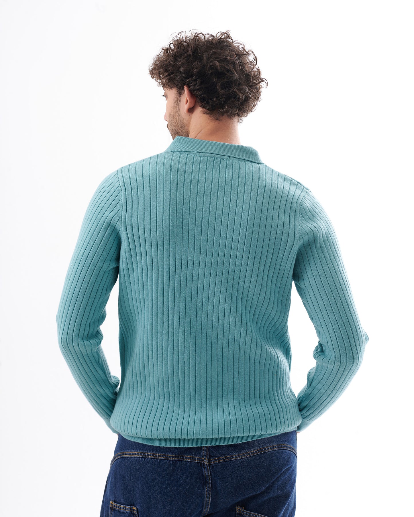 TURQUOISE TRICOT COLLAR BASIC PULLOVER