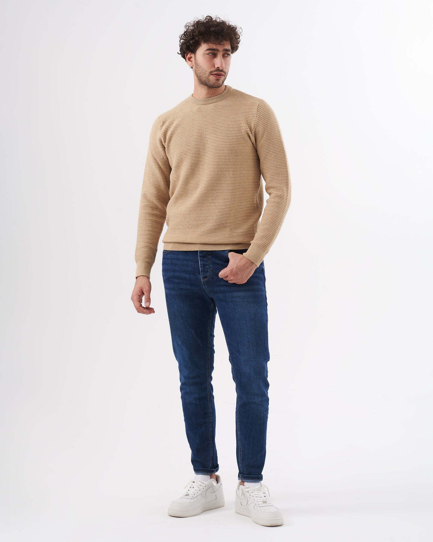 BEIGE TRICOT ROUND BASIC PULLOVER