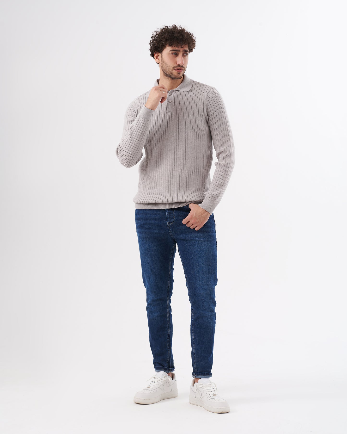 GRAY TRICOT COLLAR BASIC PULLOVER