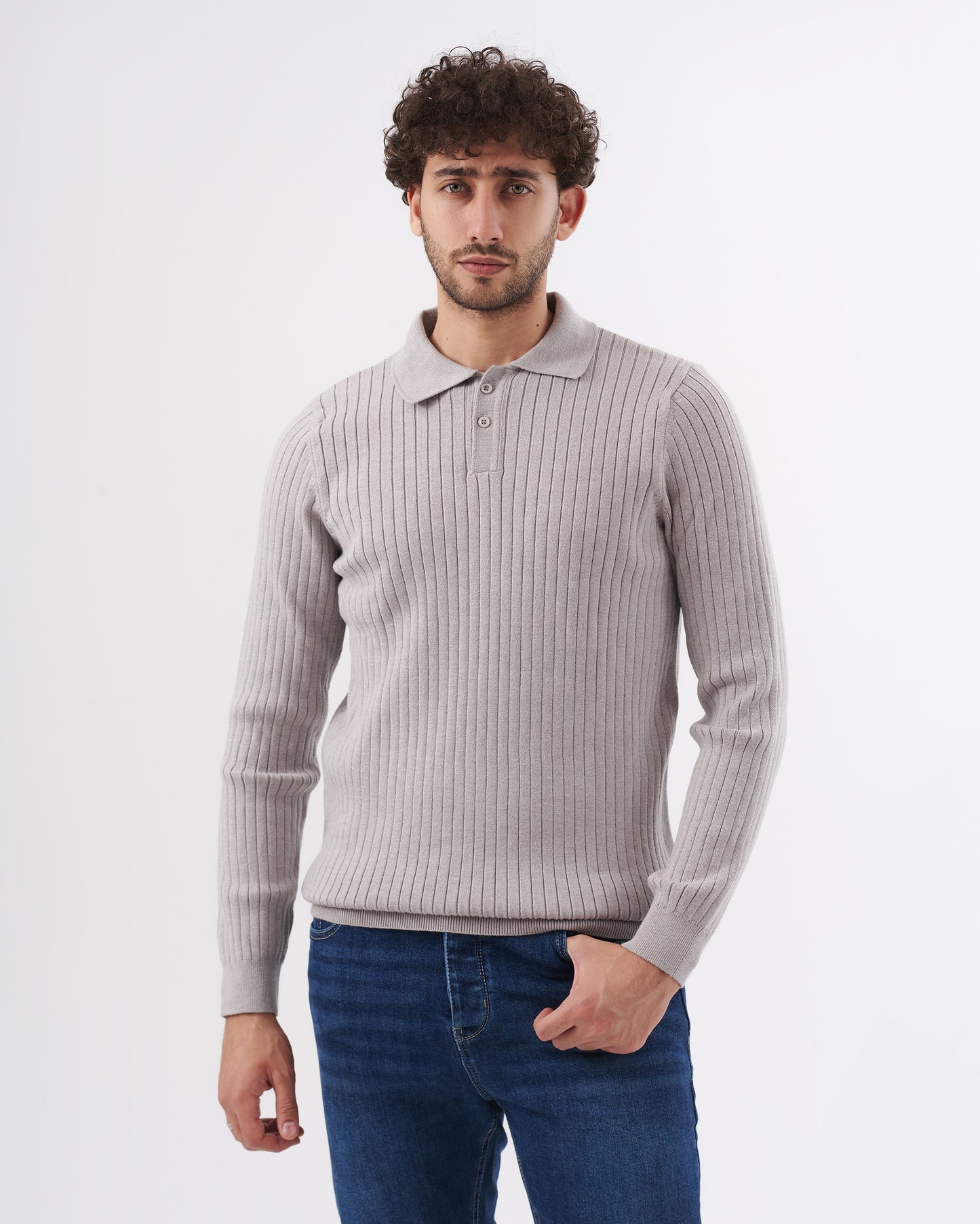 GRAY TRICOT COLLAR BASIC PULLOVER