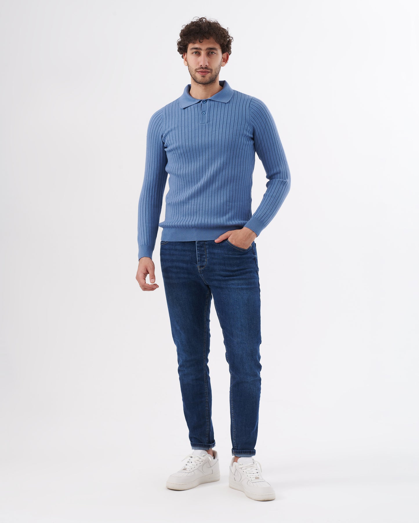 BLUE TRICOT COLLAR BASIC PULLOVER