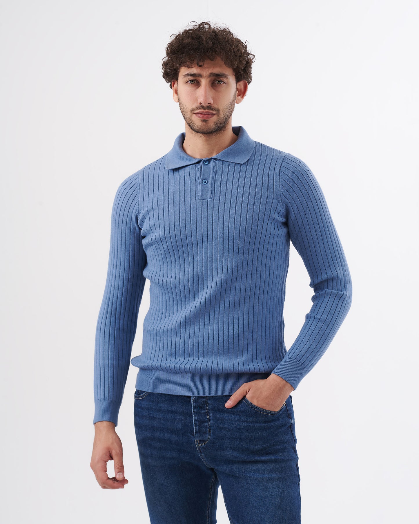 BLUE TRICOT COLLAR BASIC PULLOVER