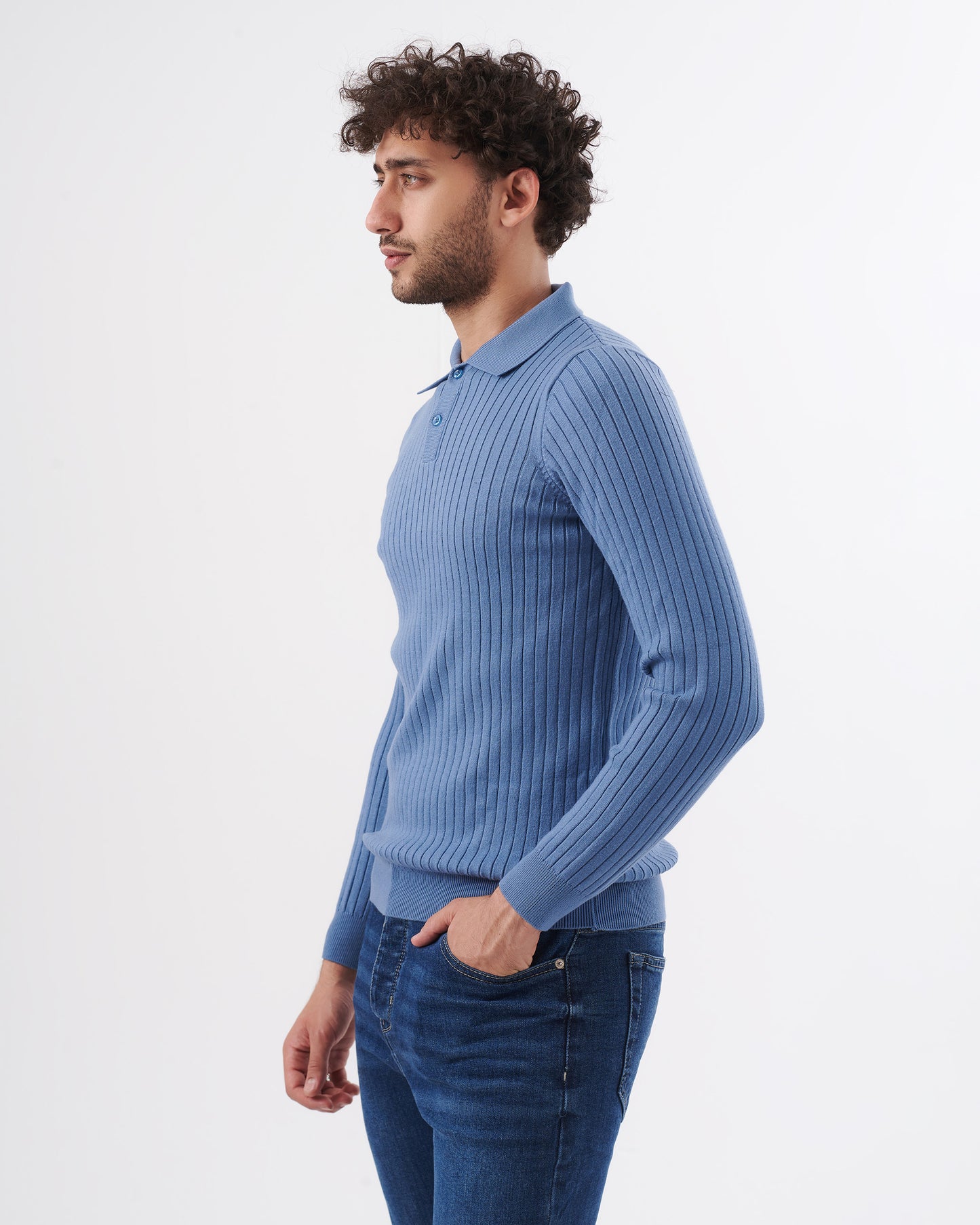 BLUE TRICOT COLLAR BASIC PULLOVER