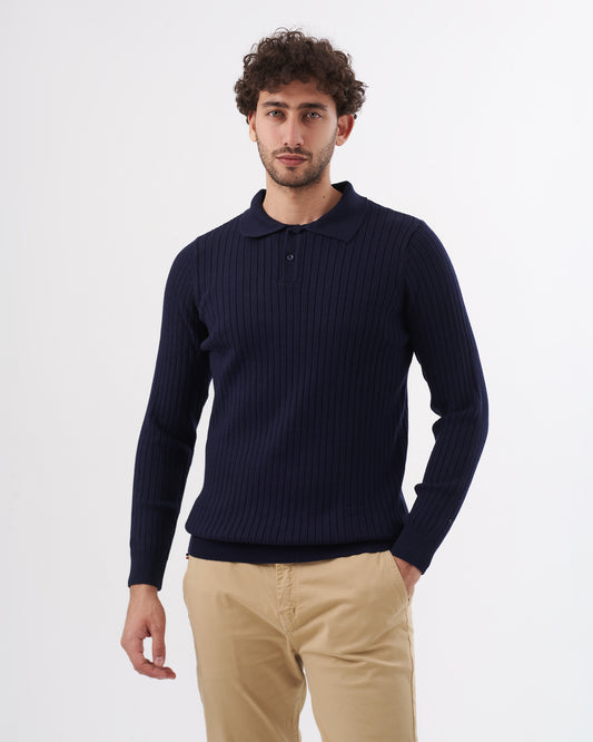 NAVY TRICOT COLLAR BASIC PULLOVER