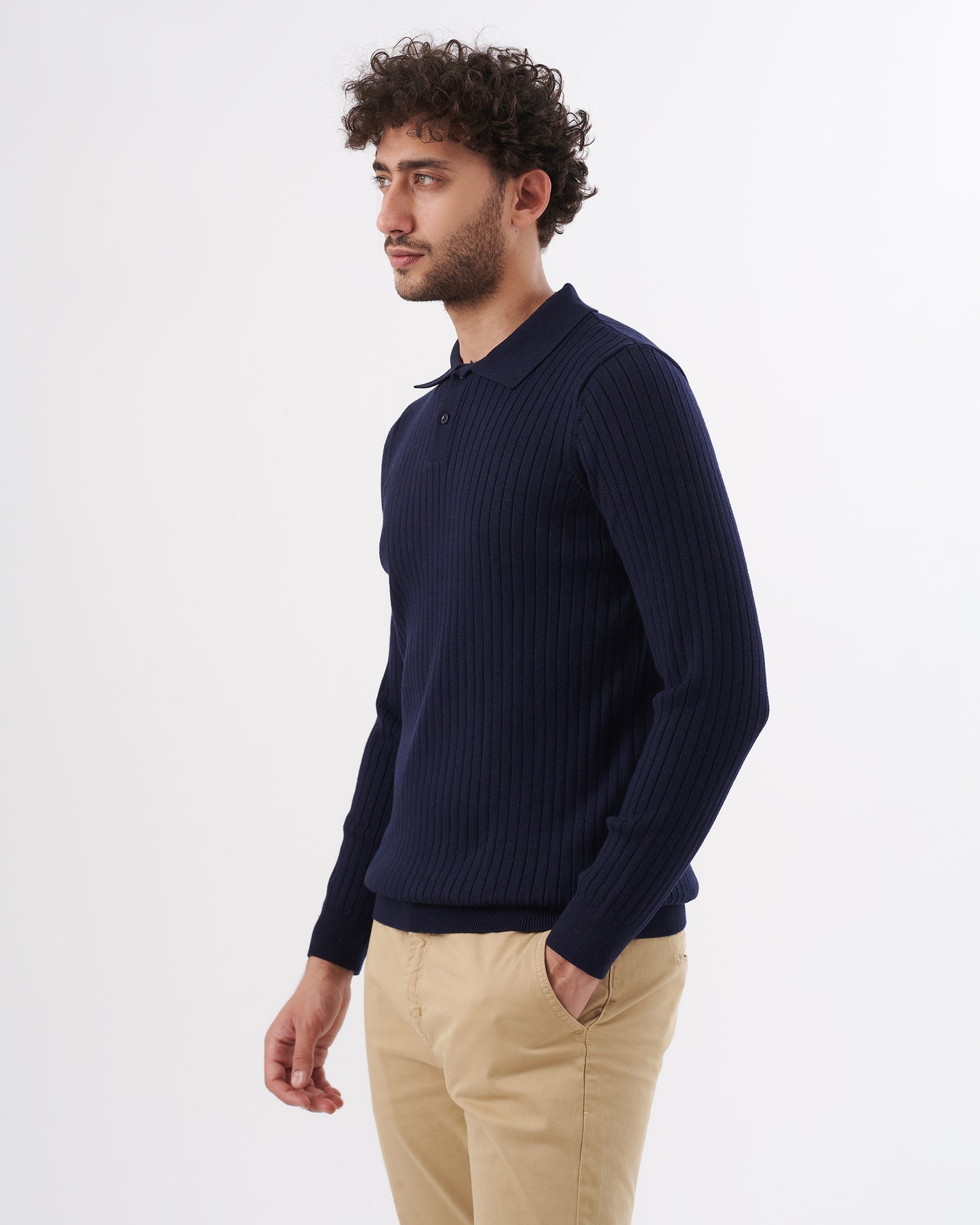 NAVY TRICOT COLLAR BASIC PULLOVER