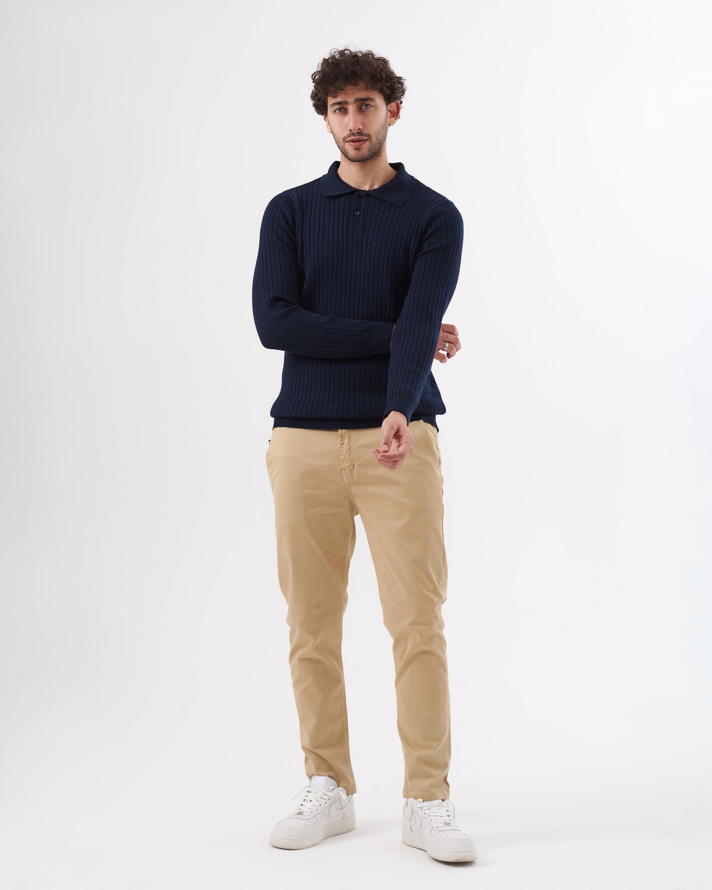 NAVY TRICOT COLLAR BASIC PULLOVER