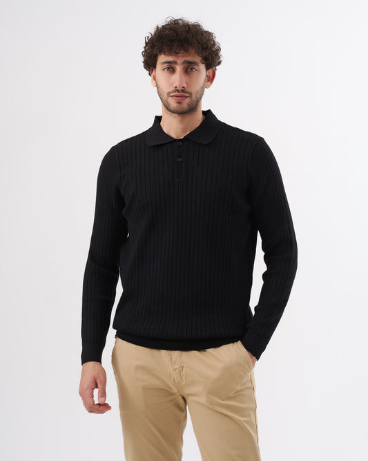 BLACK TRICOT COLLAR BASIC PULLOVER